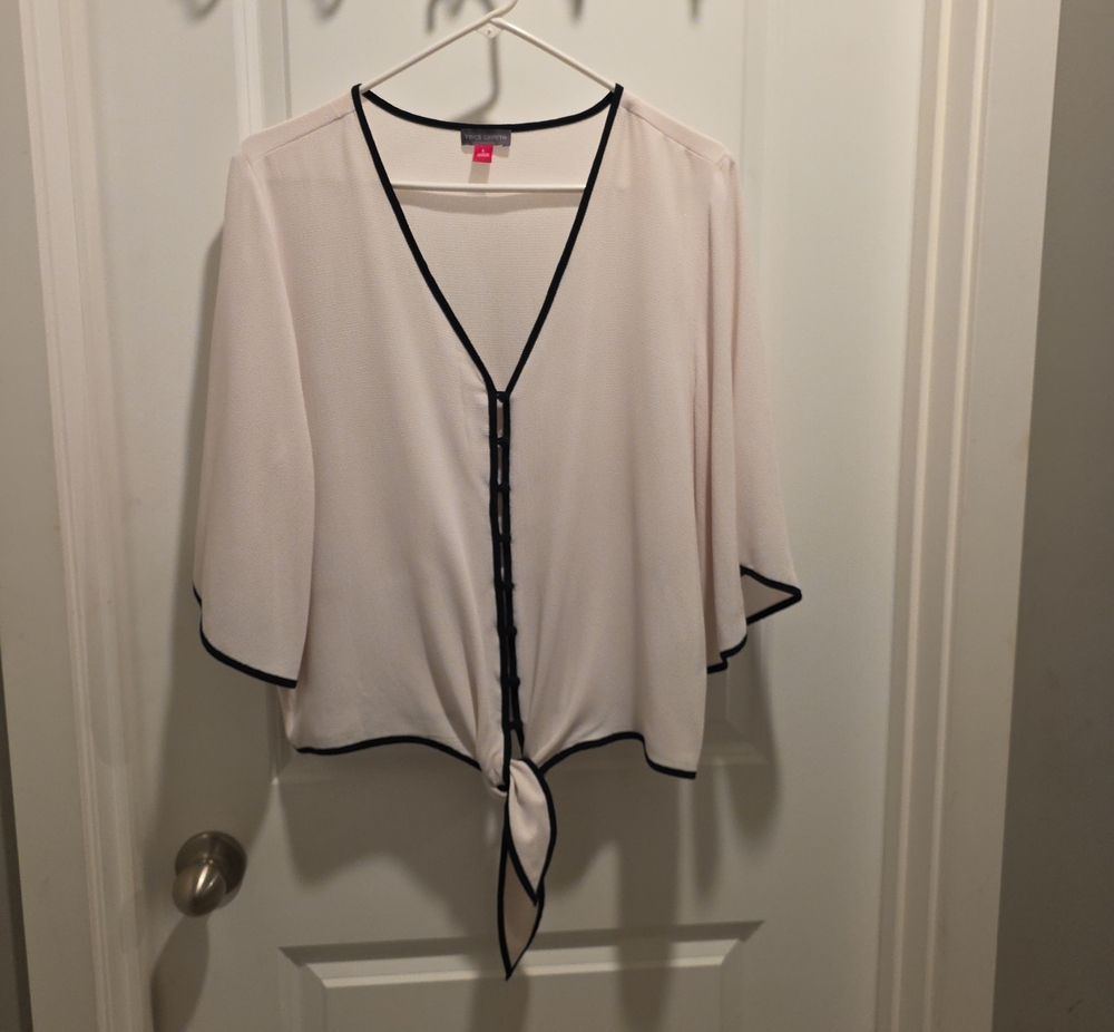 Vince Camuto Light Pink Tie-Front Blouse with Black Trim